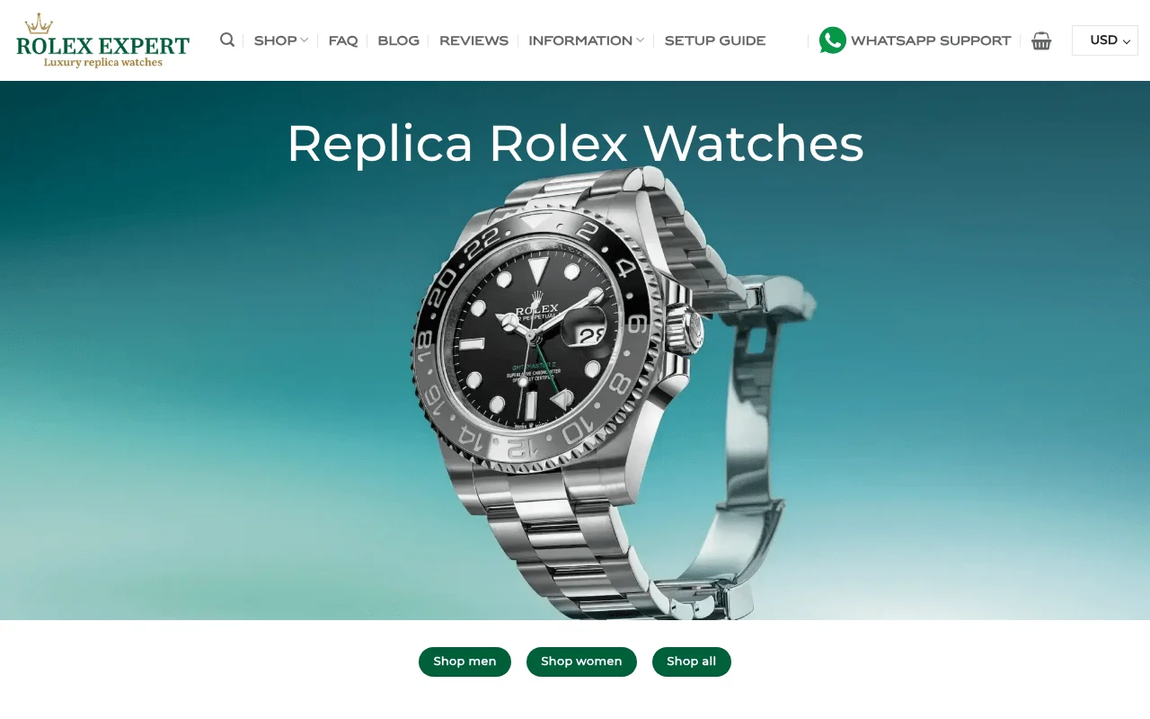 RolexExpert.io homepage screenshot showing super clone Rolex collection