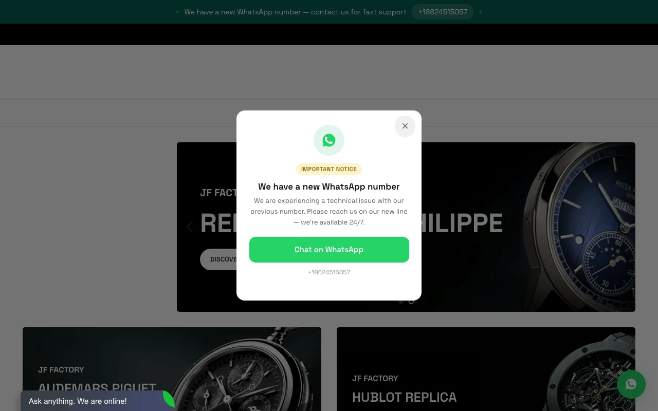 JFFactory.net homepage screenshot showing replica Rolex watch listings
